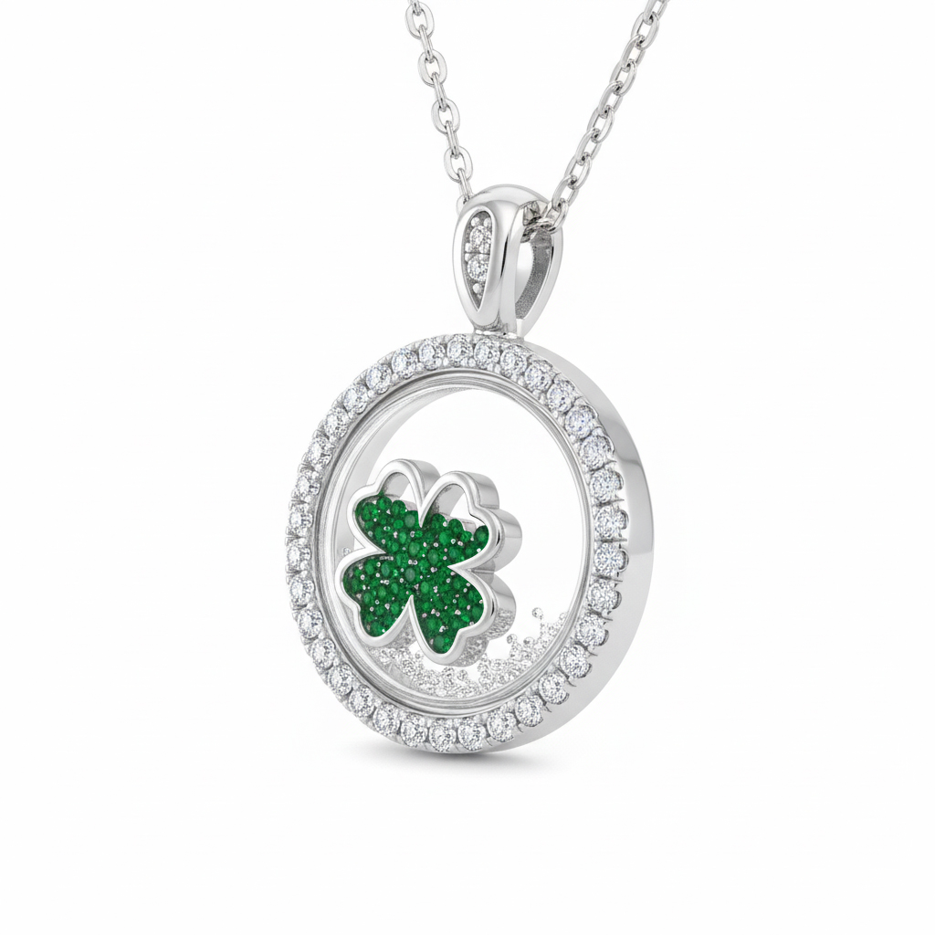S925 Silver Round Shape Green Clover Dancing Diamonds Pendent Necklace