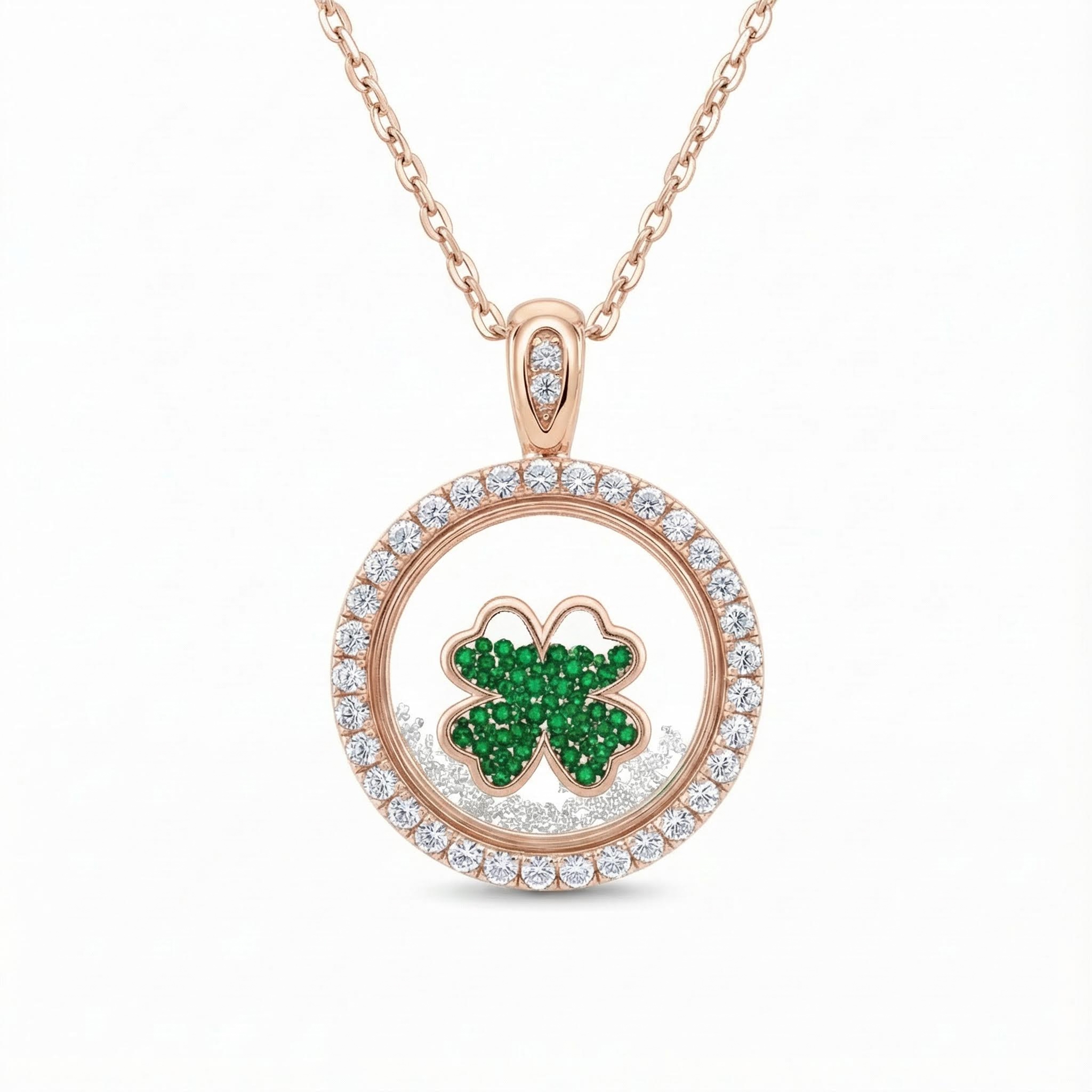 S925 Silver Round Shape Green Clover Dancing Diamonds Pendent Necklace
