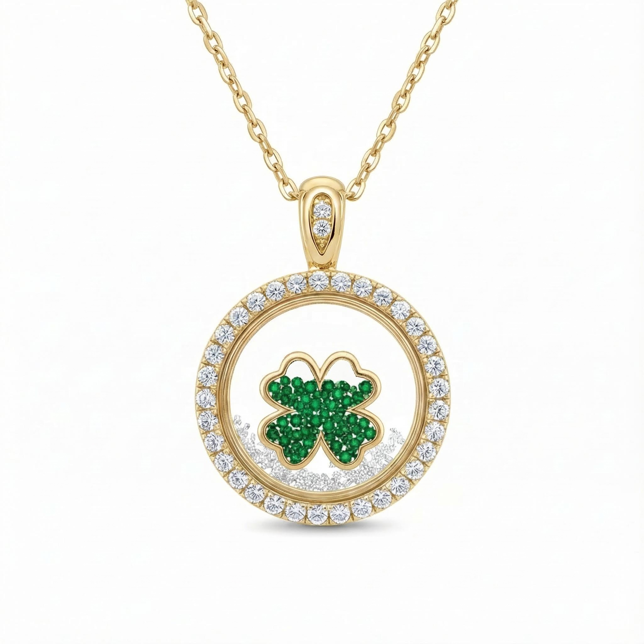 S925 Silver Round Shape Green Clover Dancing Diamonds Pendent Necklace