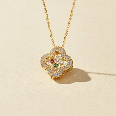 S925 Silver Clover Shaped Dancing Diamonds Pendent Necklace