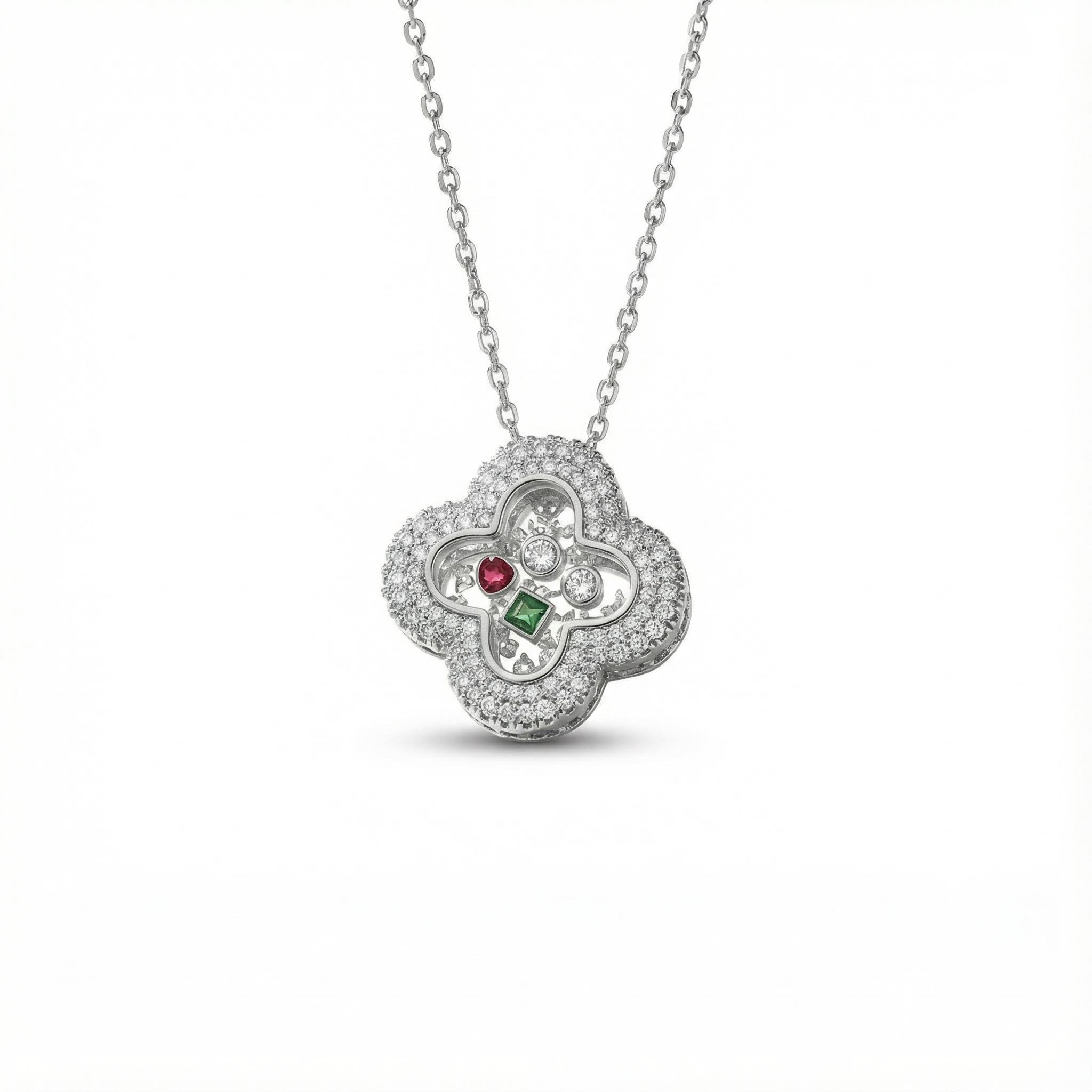 S925 Silver Clover Shaped Dancing Diamonds Pendent Necklace
