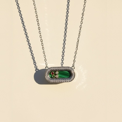 Personalized S925 Silver Malachite & Multi-Gem Oval Pendant Necklace with Engraving Name/Date