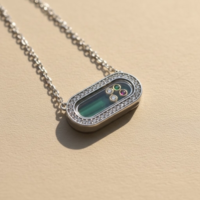 Personalized S925 Silver Malachite & Multi-Gem Oval Pendant Necklace with Engraving Name/Date