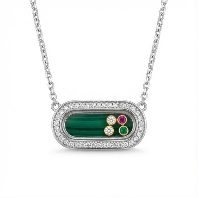 Personalized S925 Silver Malachite & Multi-Gem Oval Pendant Necklace with Engraving Name/Date Personalized S925 Silver Malachite & Multi-Gem Oval Pendant Necklace with Engraving Name/Date