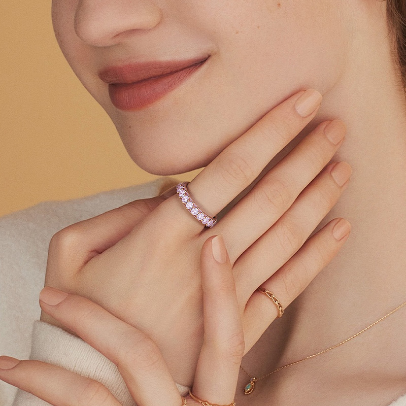 S925 Silver Three-Sided Pave Pink Gemstones Wedding Band