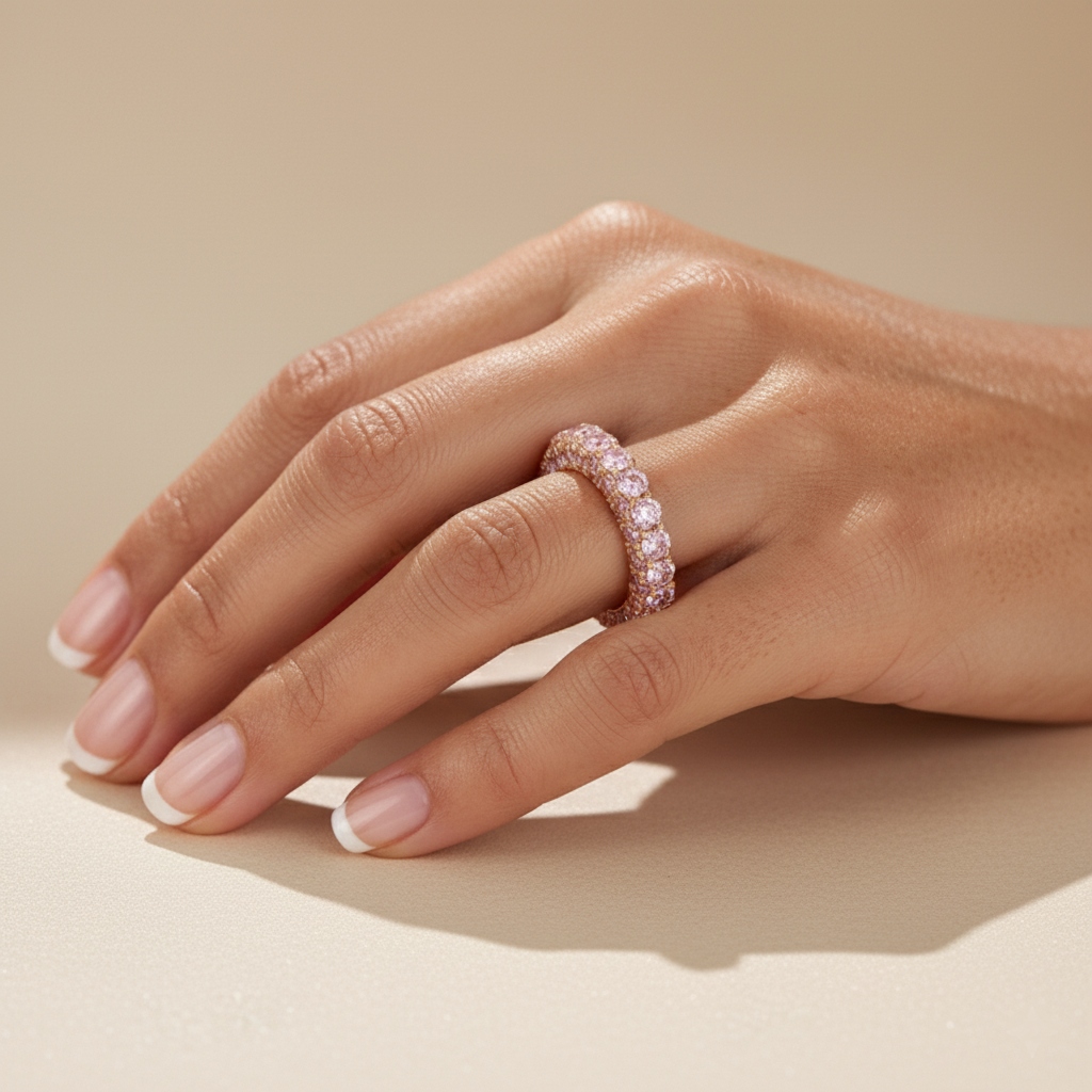 S925 Silver Three-Sided Pave Pink Gemstones Wedding Band