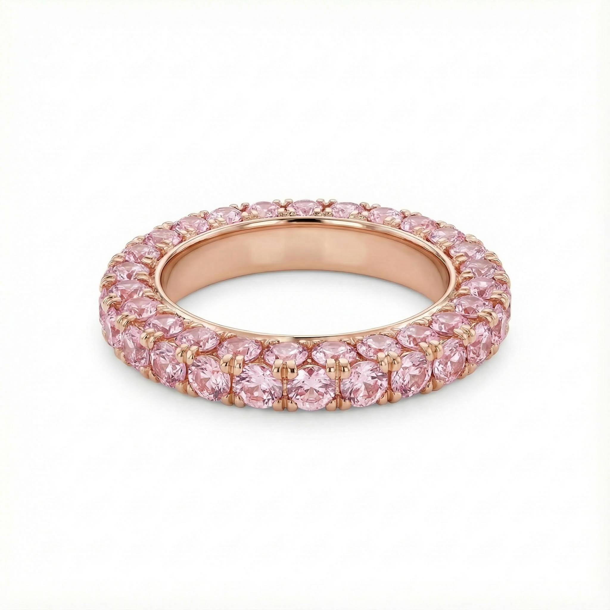 S925 Silver Three-Sided Pave Pink Gemstones Wedding Band