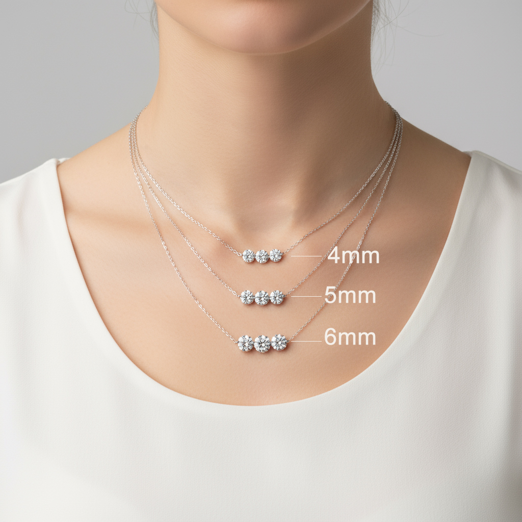 4MM/5MM/6MM Three Round Cut Diamond Pendant S925 Silver Necklace