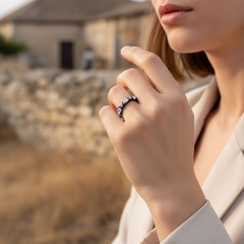 Oval Cut Purple Opal Eternity Band with Black Plated Oval Cut Purple Opal Eternity Band with Black Plated
