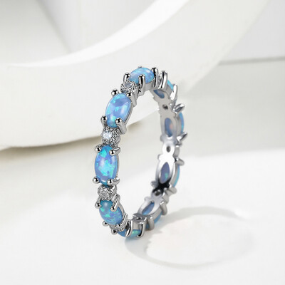 Oval Cut Blue Opal Eternity Band with White Plated