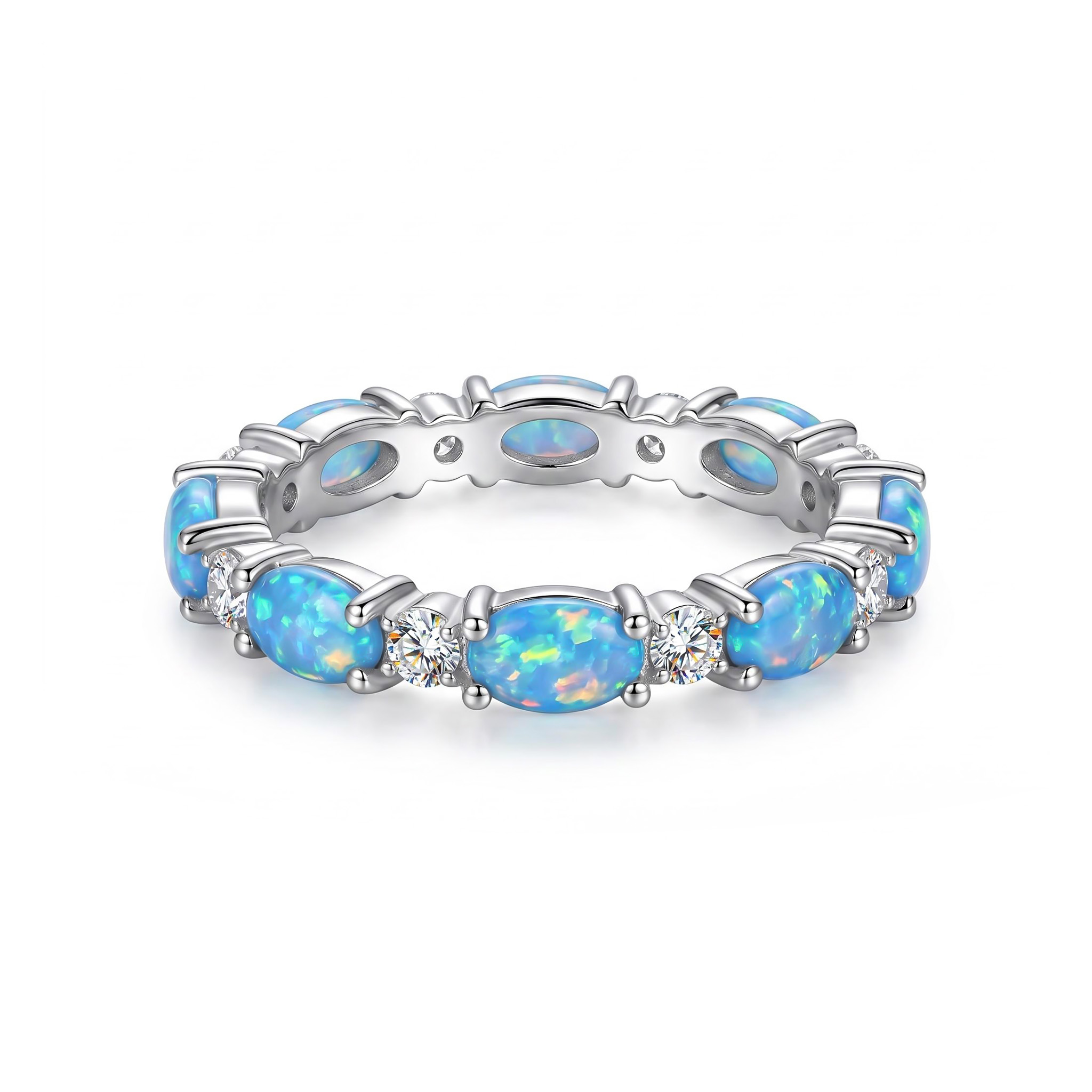 Oval Cut Blue Opal Eternity Band with White Plated