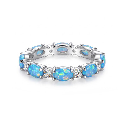 Oval Cut Blue Opal Eternity Band with White Plated