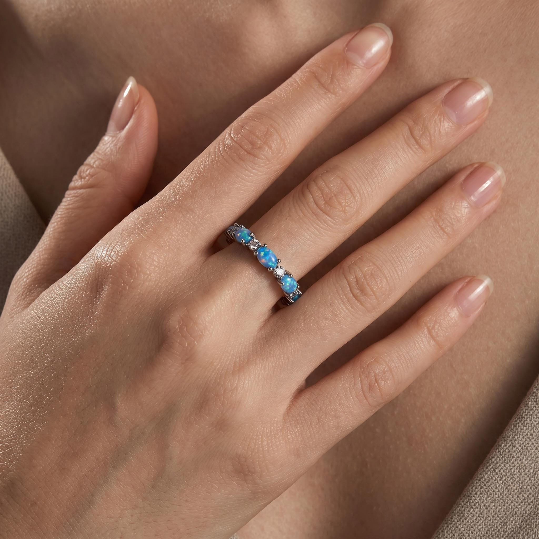 Oval Cut Blue Opal Eternity Band with White Plated