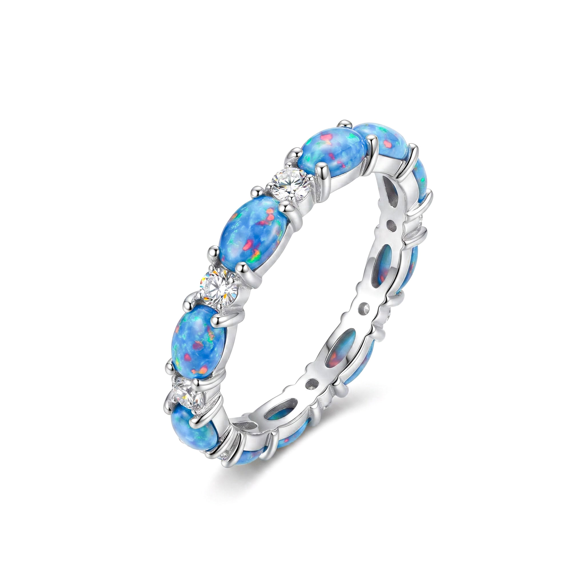 Oval Cut Blue Opal Eternity Band with White Plated