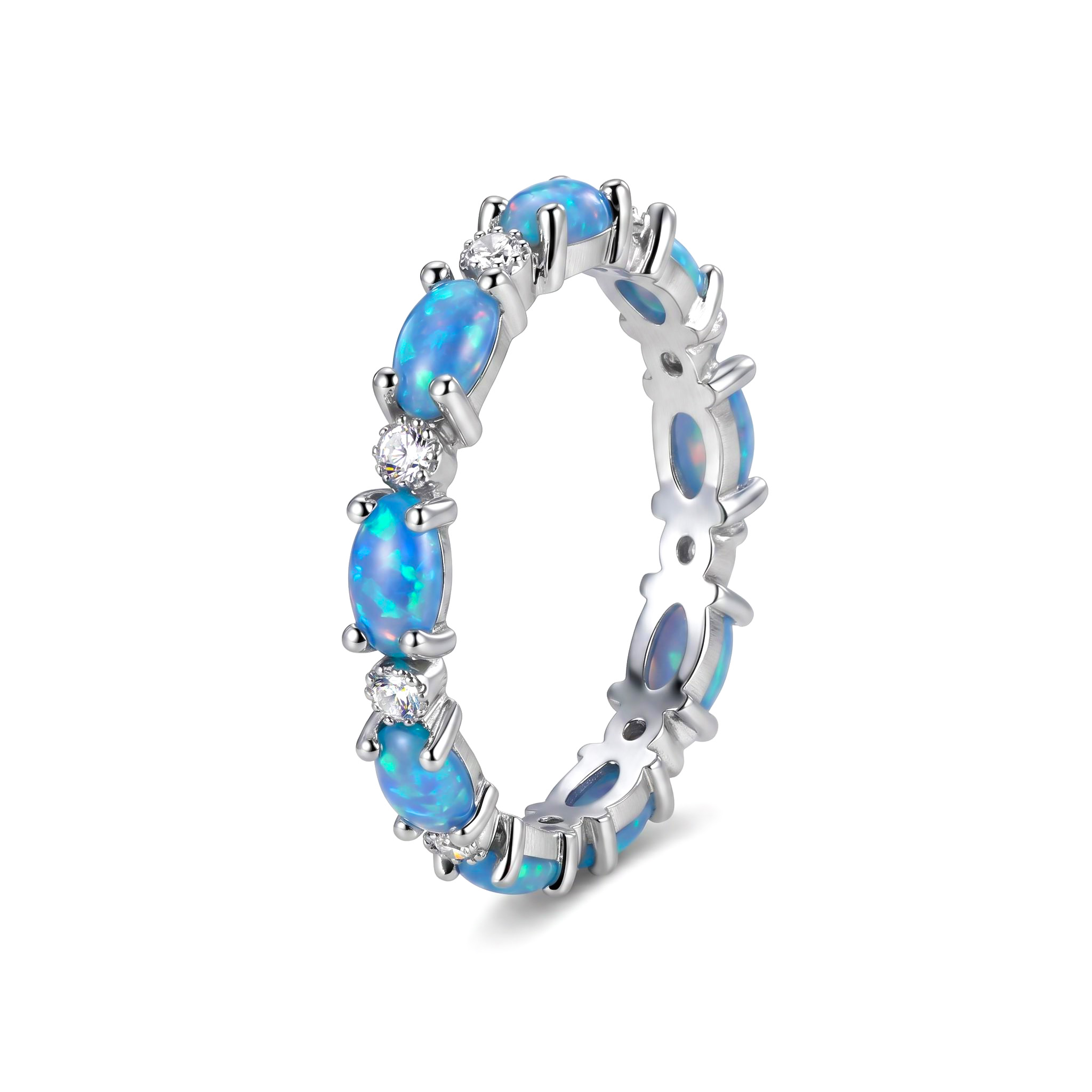 Oval Cut Blue Opal Eternity Band with White Plated