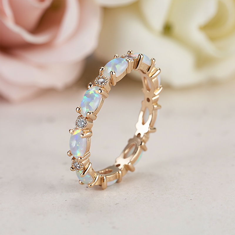 Oval Cut White Opal Eternity Band with Gold Plated Oval Cut White Opal Eternity Band with Gold Plated