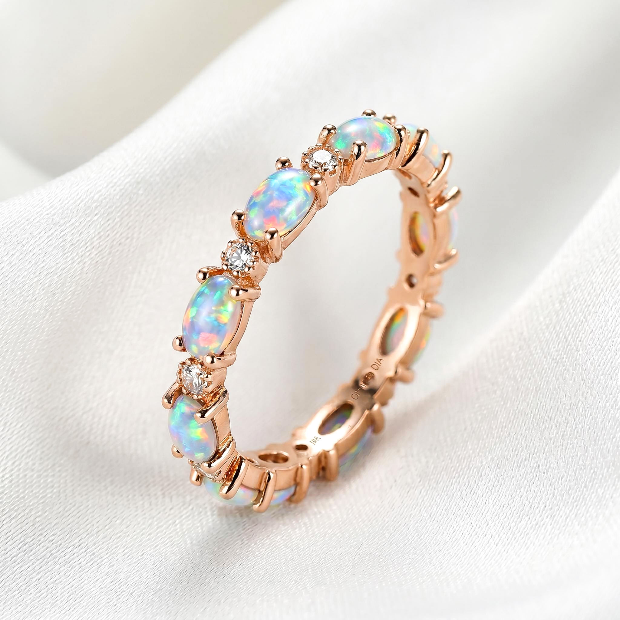 Oval Cut White Opal Eternity Band with Gold Plated