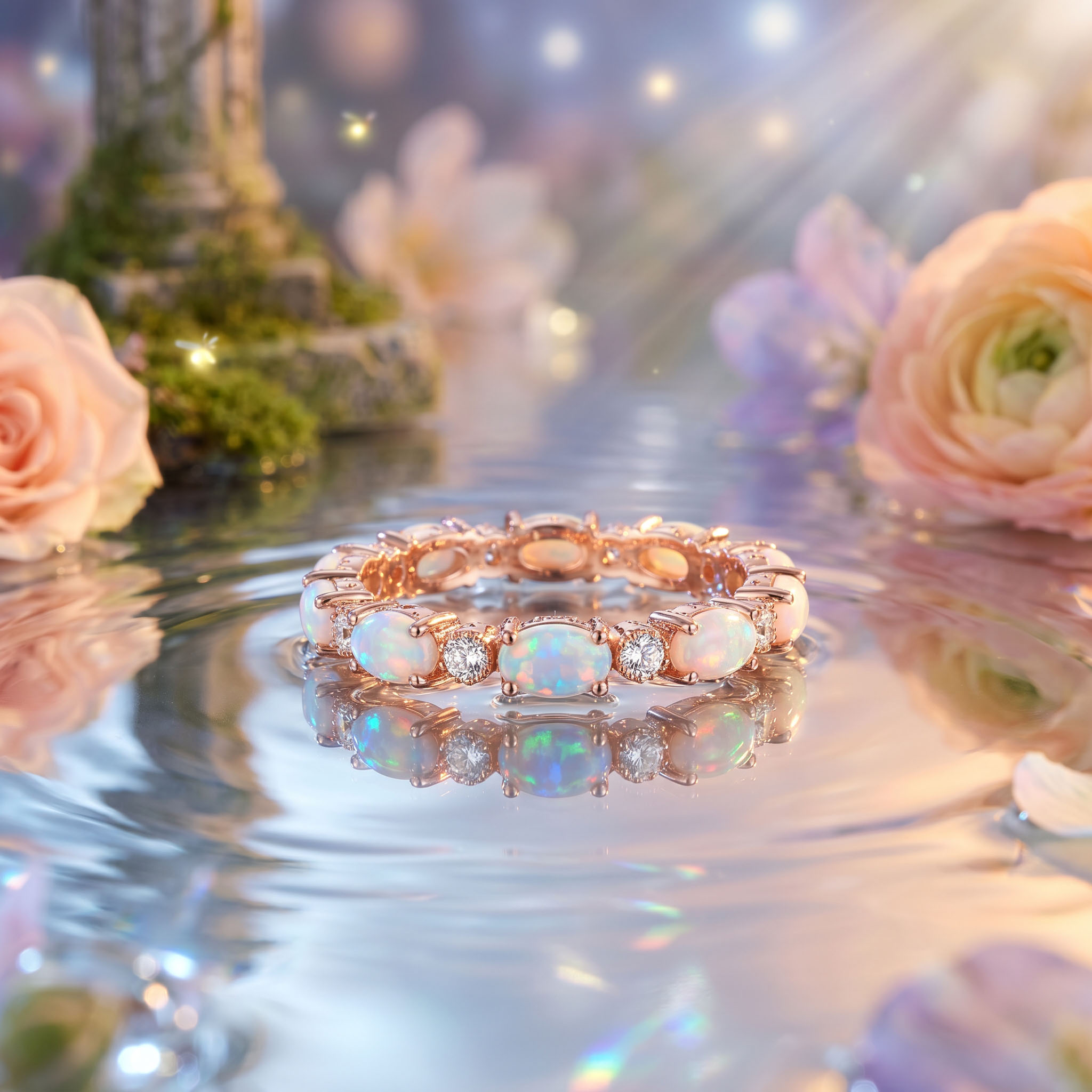 Oval Cut White Opal Eternity Band with Gold Plated