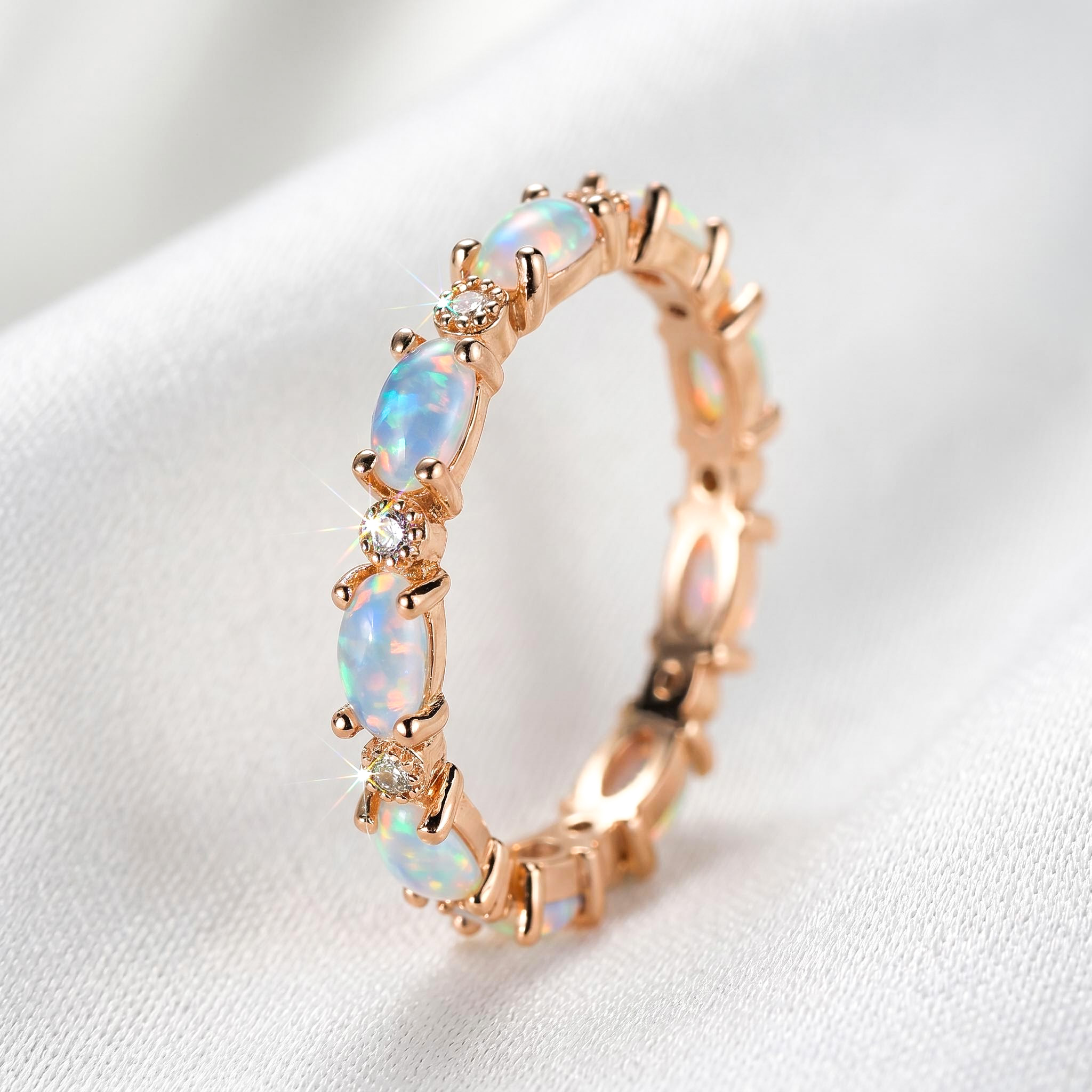 Oval Cut White Opal Eternity Band with Gold Plated