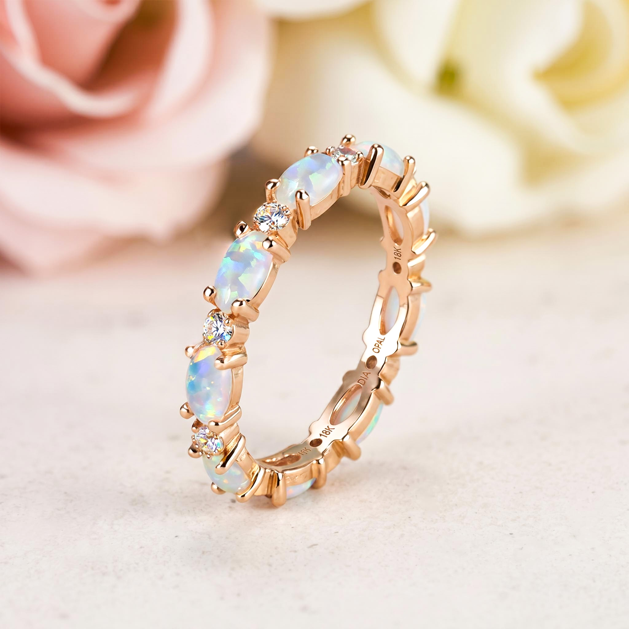 Oval Cut White Opal Eternity Band with Gold Plated