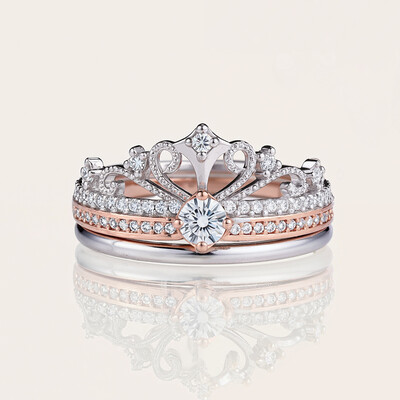 VVS Moissanite S925 Silver Two Tone Fireworks Crown Eternity Wedding Ring Set VVS Moissanite S925 Silver Two Tone Fireworks Crown Eternity Wedding Ring Set