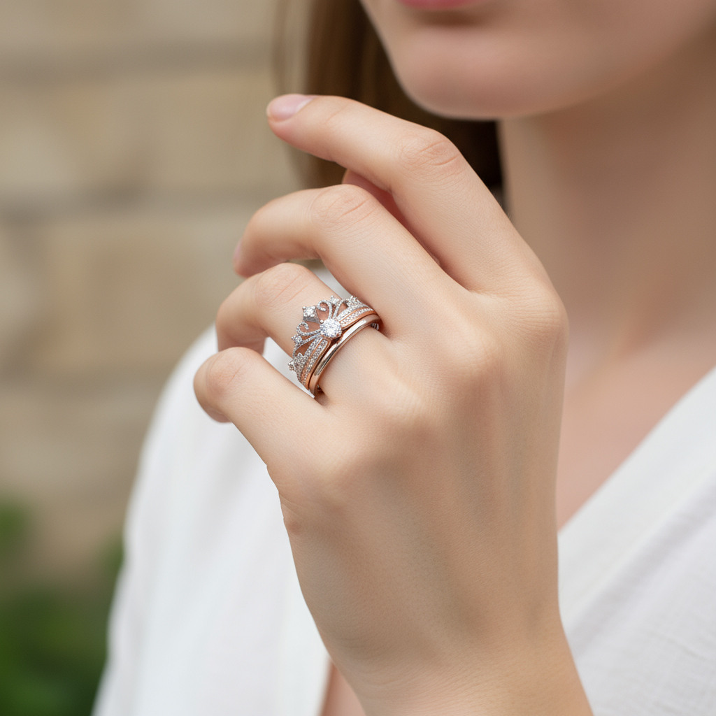 VVS Moissanite S925 Silver Two Tone Fireworks Crown Eternity Wedding Ring Set VVS Moissanite S925 Silver Two Tone Fireworks Crown Eternity Wedding Ring Set