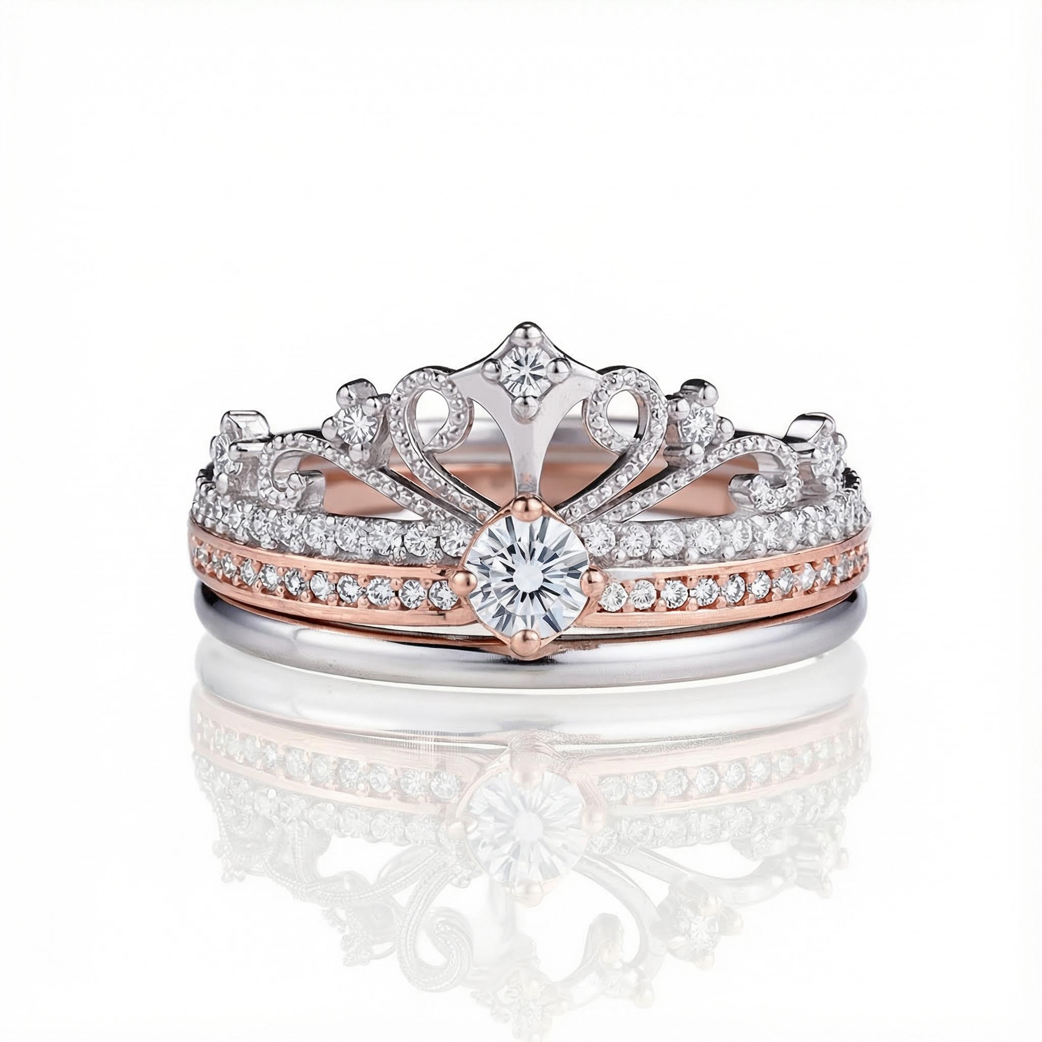 VVS Moissanite S925 Silver Two Tone Fireworks Crown Eternity Wedding Ring Set VVS Moissanite S925 Silver Two Tone Fireworks Crown Eternity Wedding Ring Set