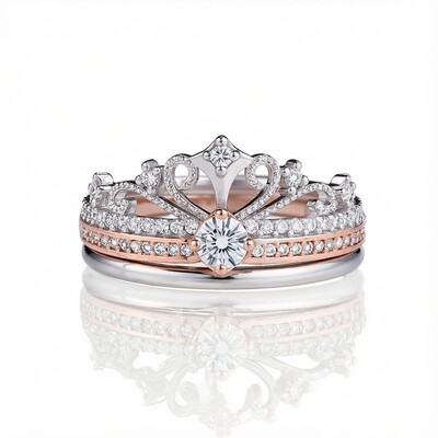 VVS Moissanite S925 Silver Two Tone Fireworks Crown Eternity Wedding Ring Set