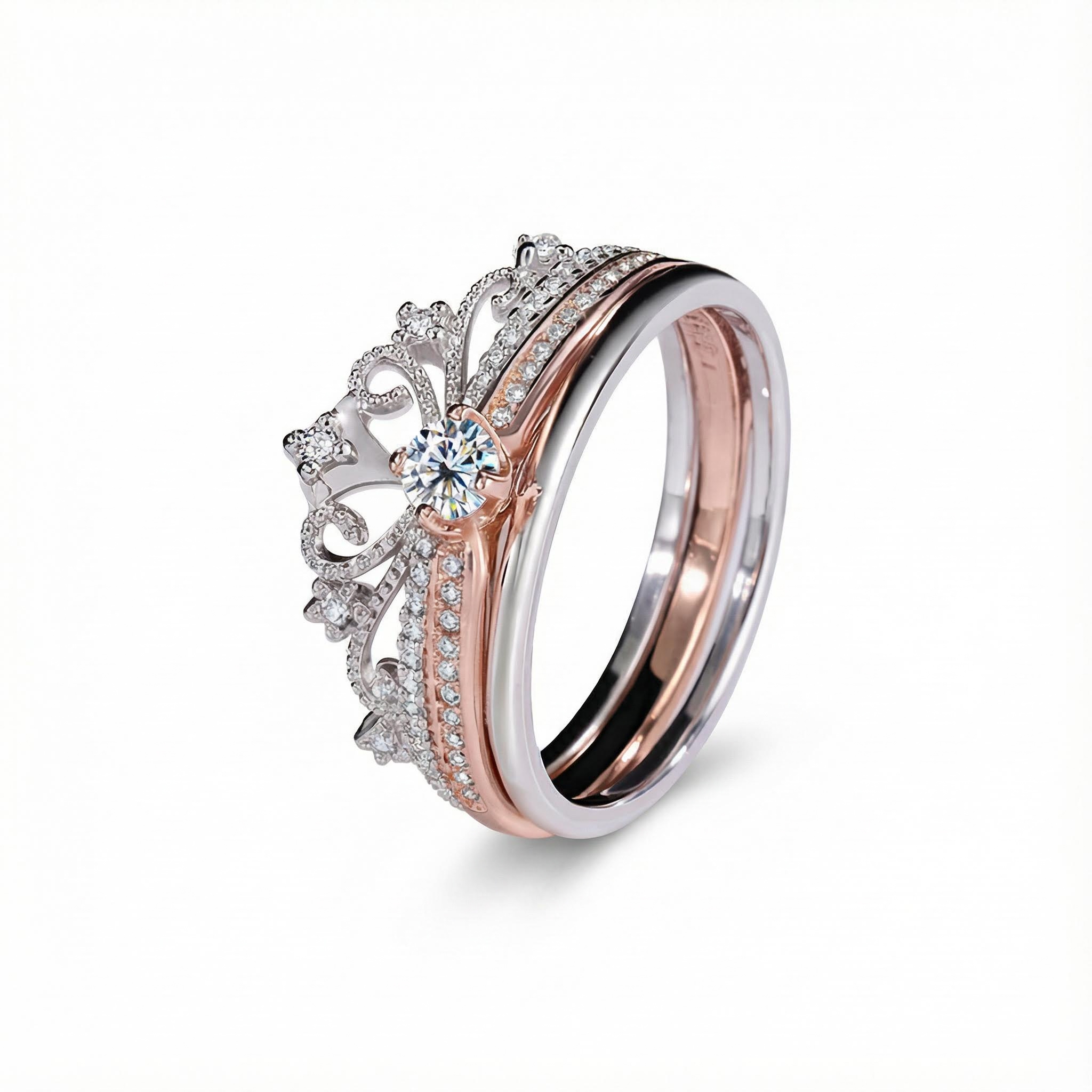 VVS Moissanite S925 Silver Two Tone Fireworks Crown Eternity Wedding Ring Set VVS Moissanite S925 Silver Two Tone Fireworks Crown Eternity Wedding Ring Set