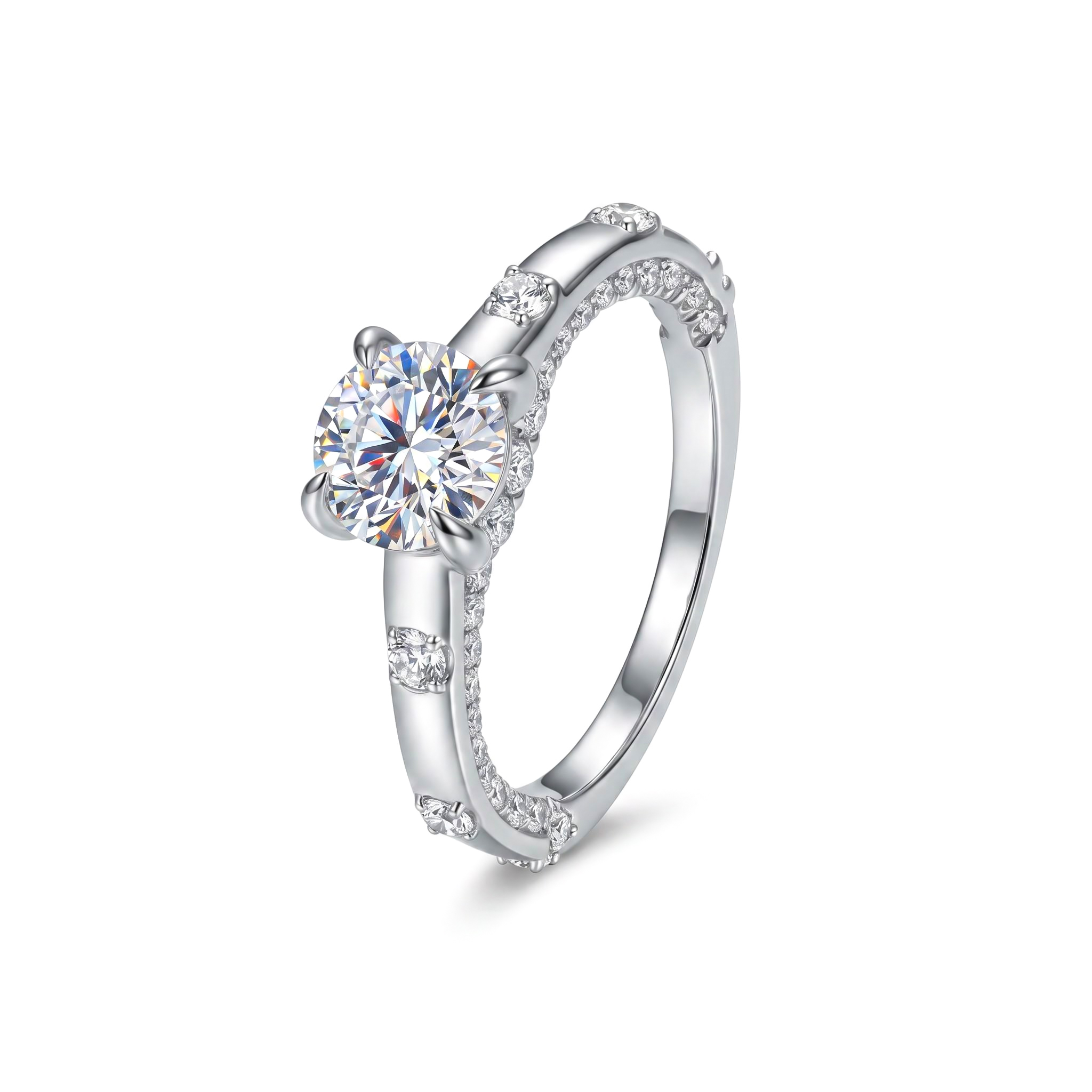 1CT Round Cut VVS Moissanite S925 Silver with Side Stone Engagement Ring 1CT Round Cut VVS Moissanite S925 Silver with Side Stone Engagement Ring