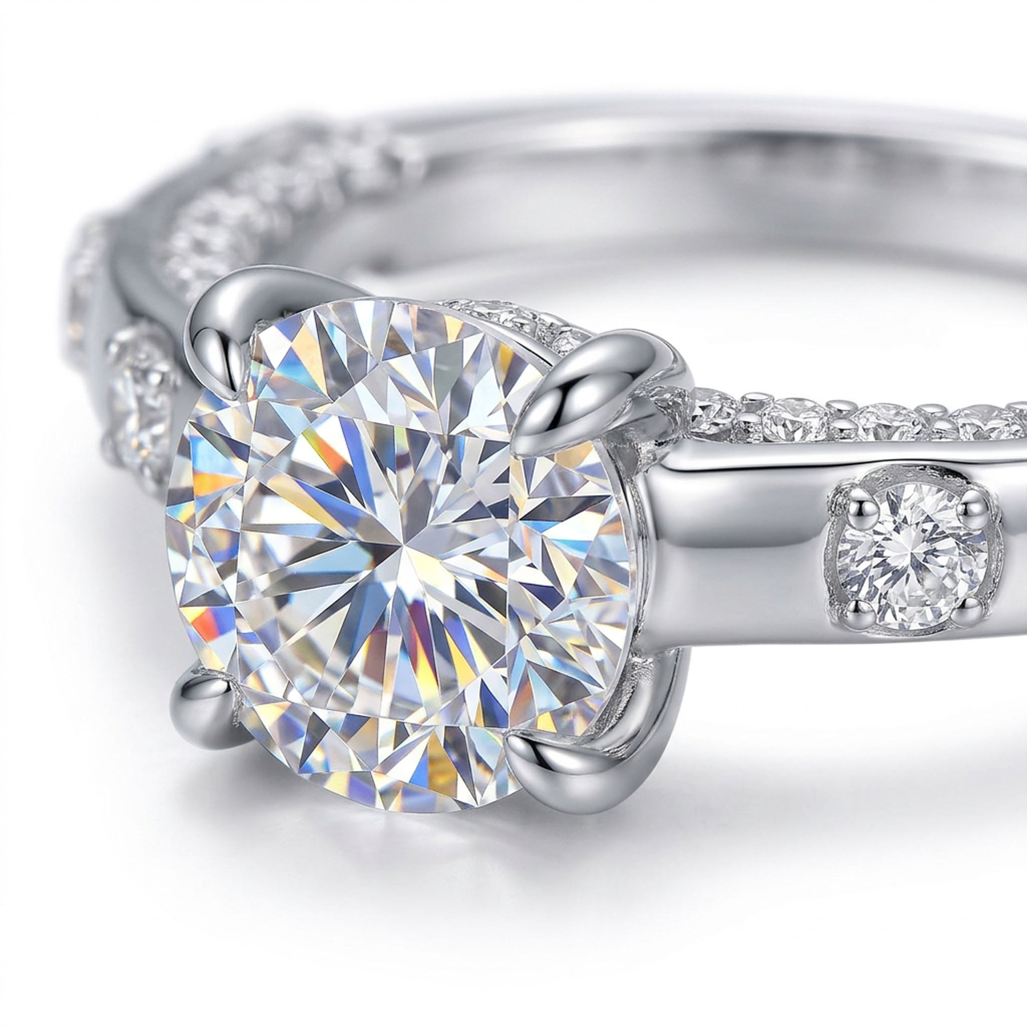 1CT Round Cut VVS Moissanite S925 Silver with Side Stone Engagement Ring 1CT Round Cut VVS Moissanite S925 Silver with Side Stone Engagement Ring