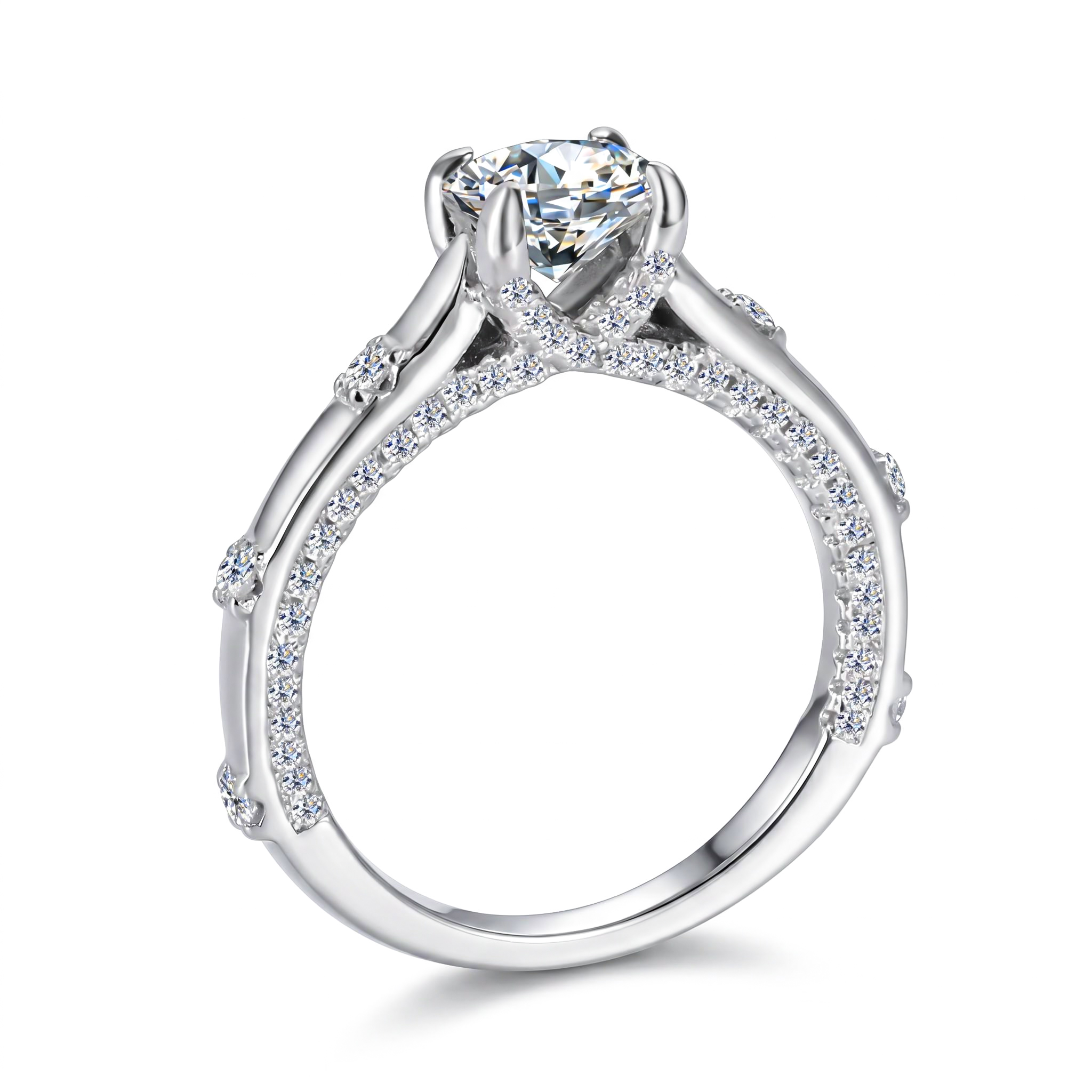 1CT Round Cut VVS Moissanite S925 Silver with Side Stone Engagement Ring 1CT Round Cut VVS Moissanite S925 Silver with Side Stone Engagement Ring