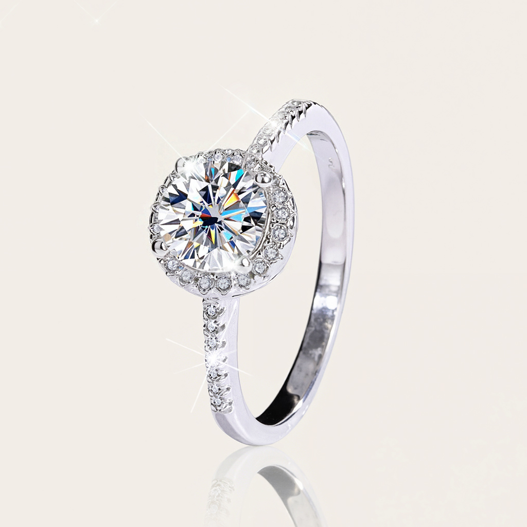 0.5CT/1CT Round Cut VVS Moissanite S925 Silver Halo Engagement Ring