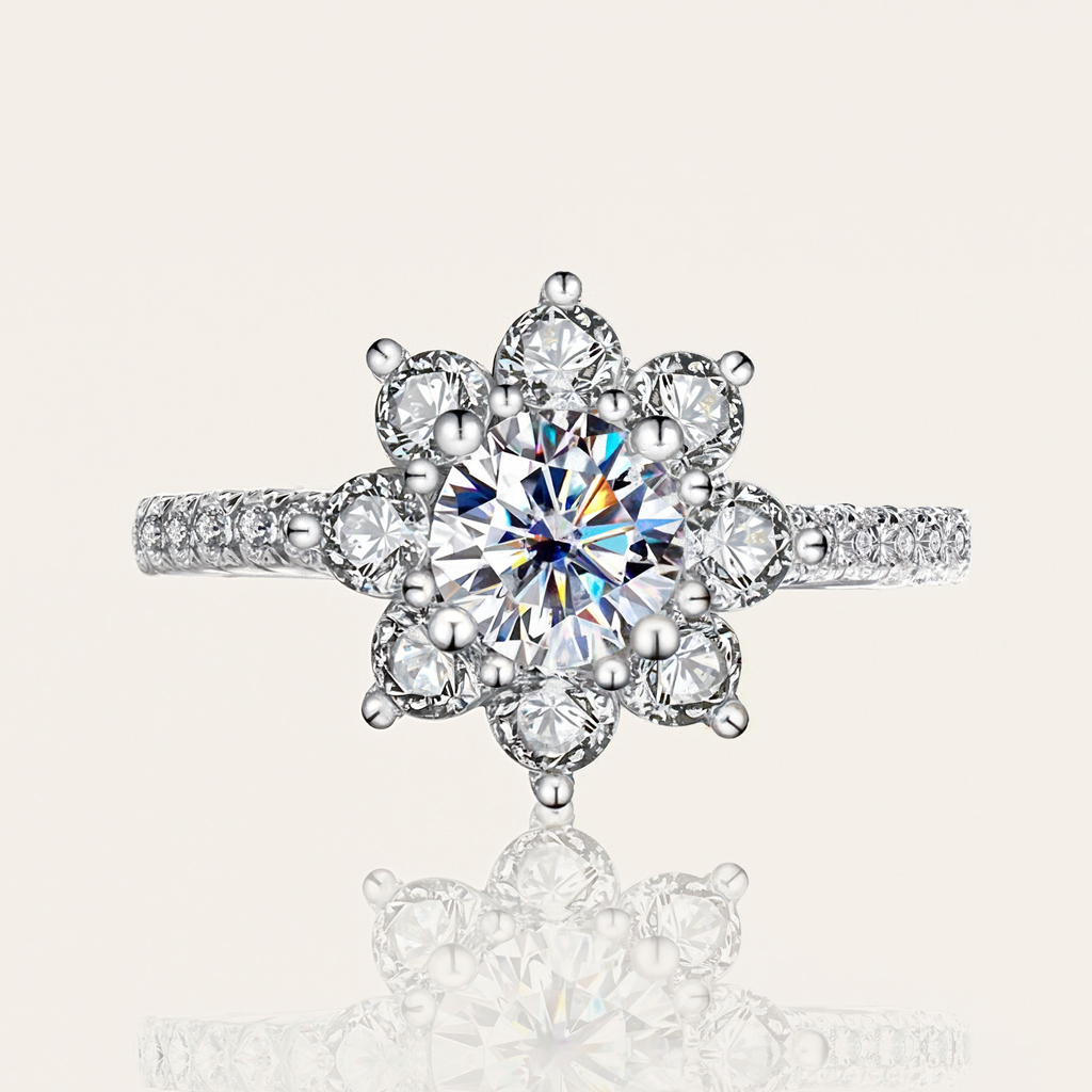 1CT/2CT Round Cut VVS Moissanite S925 Silver Floral Halo Engagement Ring