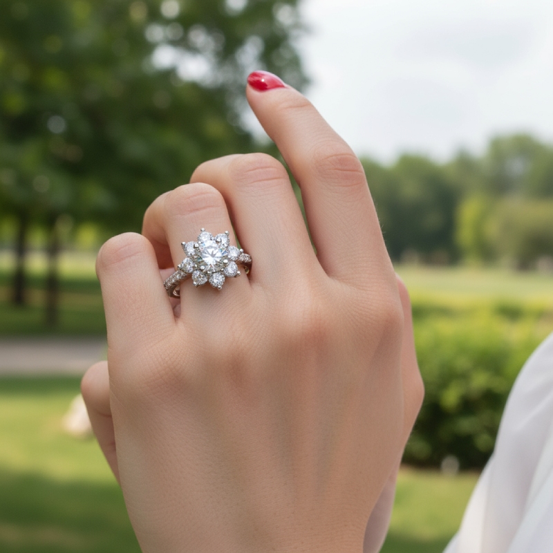 1CT/2CT Round Cut VVS Moissanite S925 Silver Floral Halo Engagement Ring
