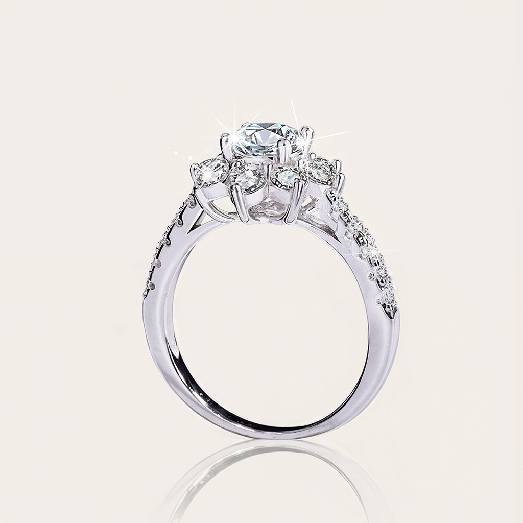 1CT/2CT Round Cut VVS Moissanite S925 Silver Floral Halo Engagement Ring