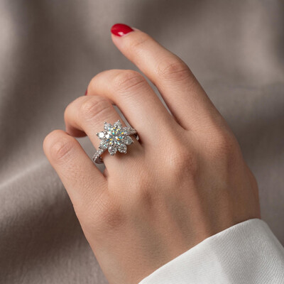 1CT/2CT Round Cut VVS Moissanite S925 Silver Floral Halo Engagement Ring