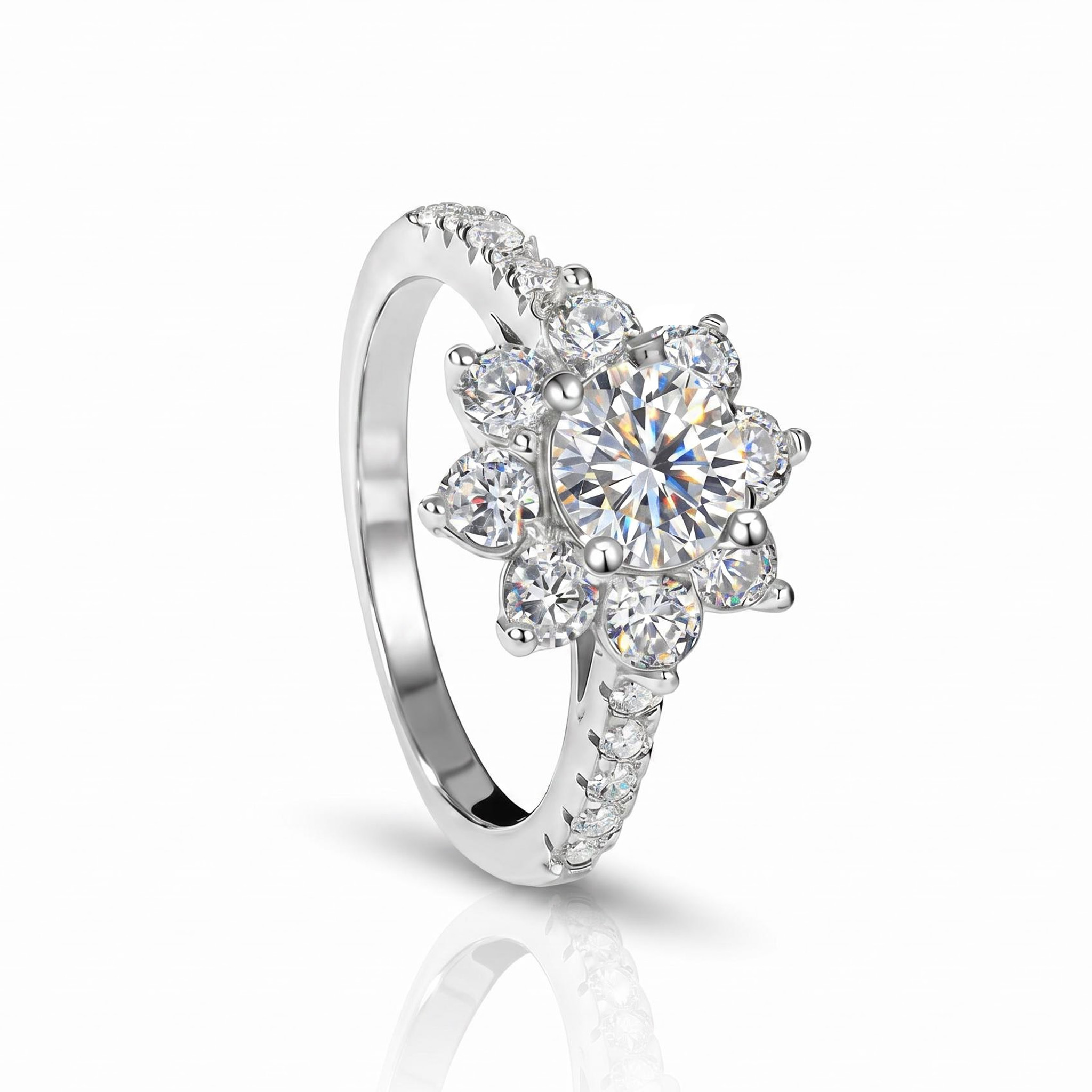 1CT/2CT Round Cut VVS Moissanite S925 Silver Floral Halo Engagement Ring 1CT/2CT Round Cut VVS Moissanite S925 Silver Floral Halo Engagement Ring
