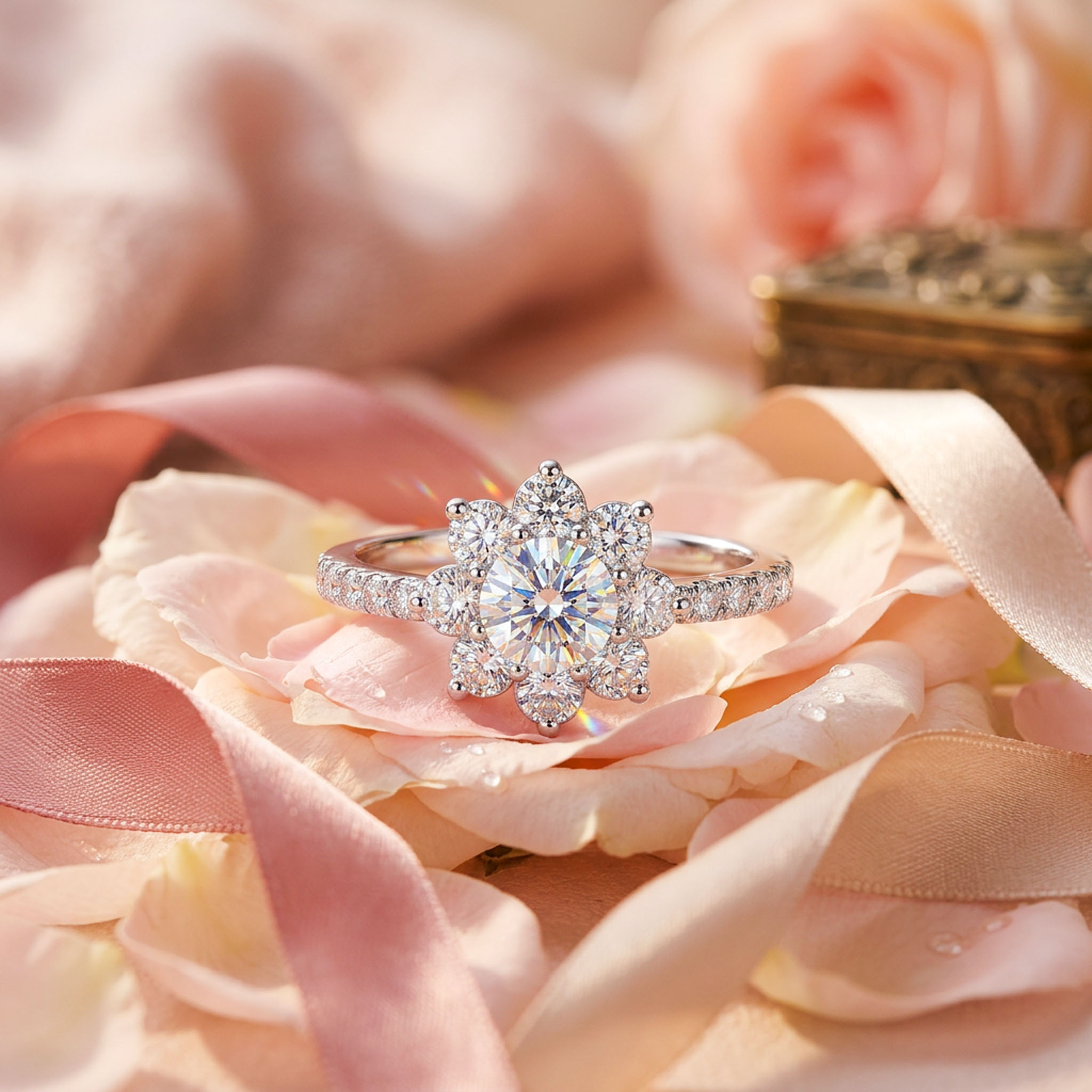 1CT/2CT Round Cut VVS Moissanite S925 Silver Floral Halo Engagement Ring 1CT/2CT Round Cut VVS Moissanite S925 Silver Floral Halo Engagement Ring
