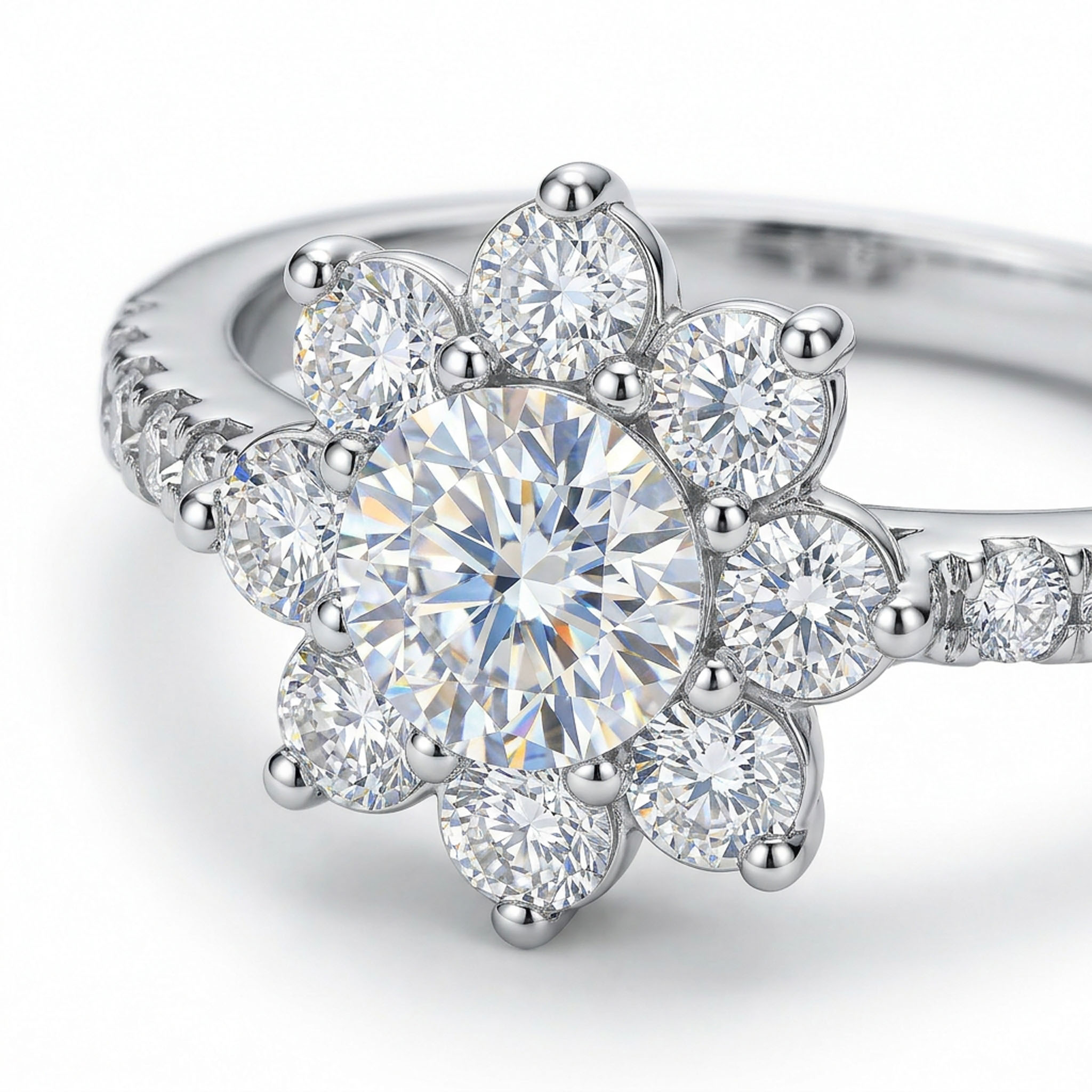 1CT/2CT Round Cut VVS Moissanite S925 Silver Floral Halo Engagement Ring 1CT/2CT Round Cut VVS Moissanite S925 Silver Floral Halo Engagement Ring