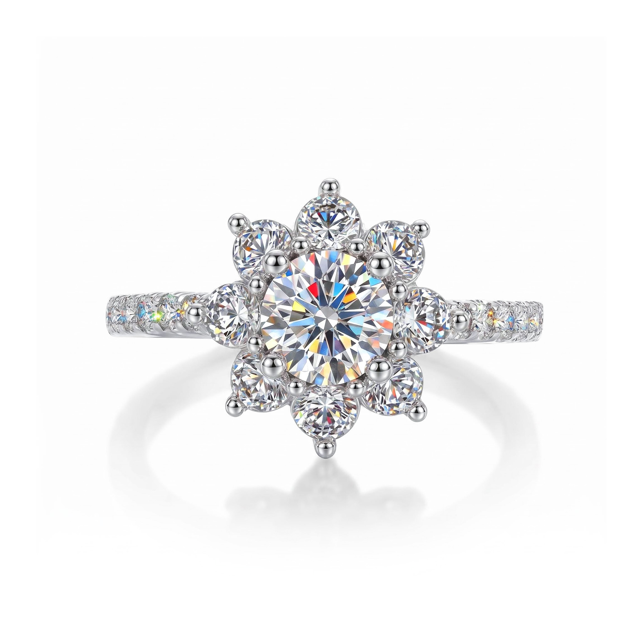 1CT/2CT Round Cut VVS Moissanite S925 Silver Floral Halo Engagement Ring 1CT/2CT Round Cut VVS Moissanite S925 Silver Floral Halo Engagement Ring