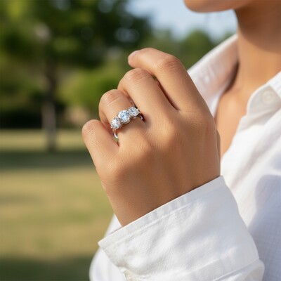 4CT Round Cut VVS Moissanite S925 Silver Three Stone Engagement Ring