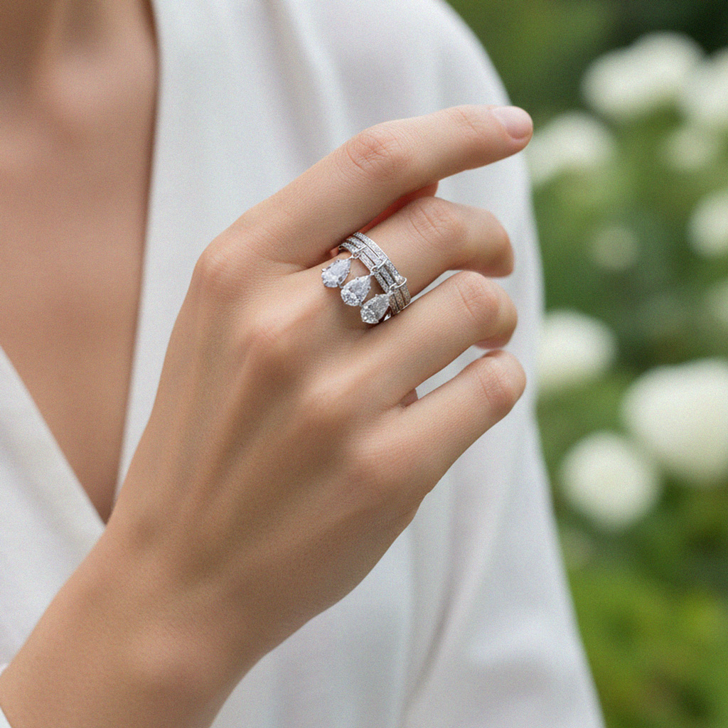 S925 Silver Pear Dianmod Pendant Pave Engagement Ring