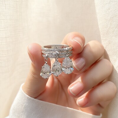 S925 Silver Pear Dianmod Pendant Pave Engagement Ring