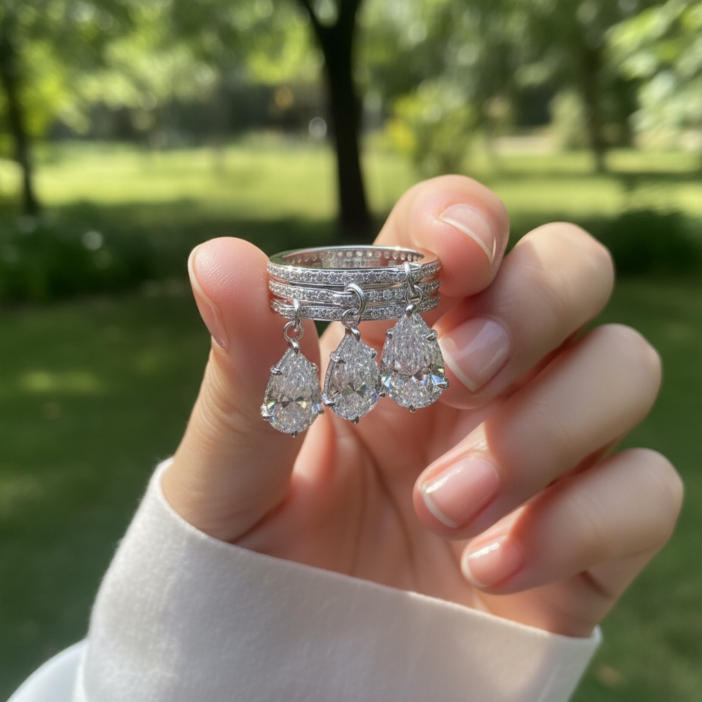 S925 Silver Pear Dianmod Pendant Pave Engagement Ring