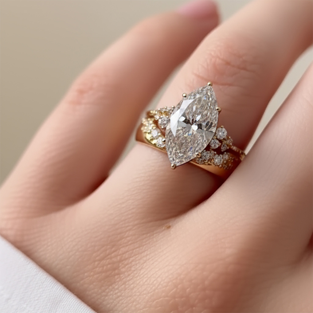 4.6CT Marquise Cut VVS Moissanite Engagement Ring Set