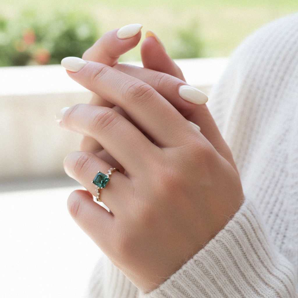 S925 Silver Asscher Cut Green Diamond Side Stone Engagement Ring