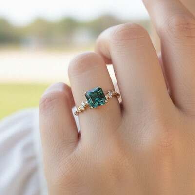 S925 Silver Asscher Cut Green Diamond Side Stone Engagement Ring