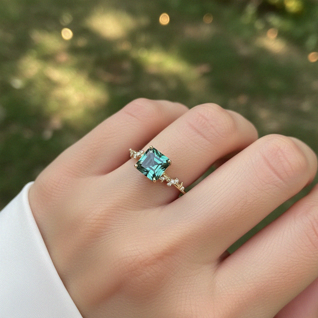 S925 Silver Asscher Cut Green Diamond Side Stone Engagement Ring