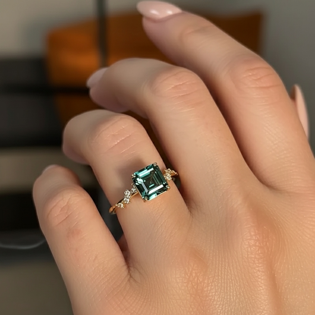 S925 Silver Asscher Cut Green Diamond Side Stone Engagement Ring